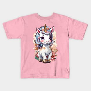 Cute Unicorn with Flowers and Swirls Kids T-Shirt